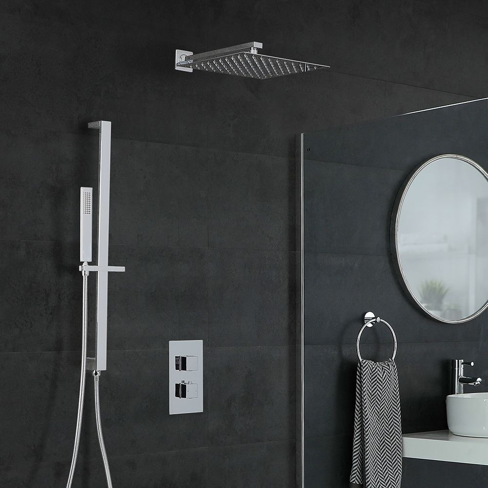 Kit de douche thermostatique avec inverseur - Pommeau carré 30 cm – Kit douchette sur rampe – Chromé - Kubix