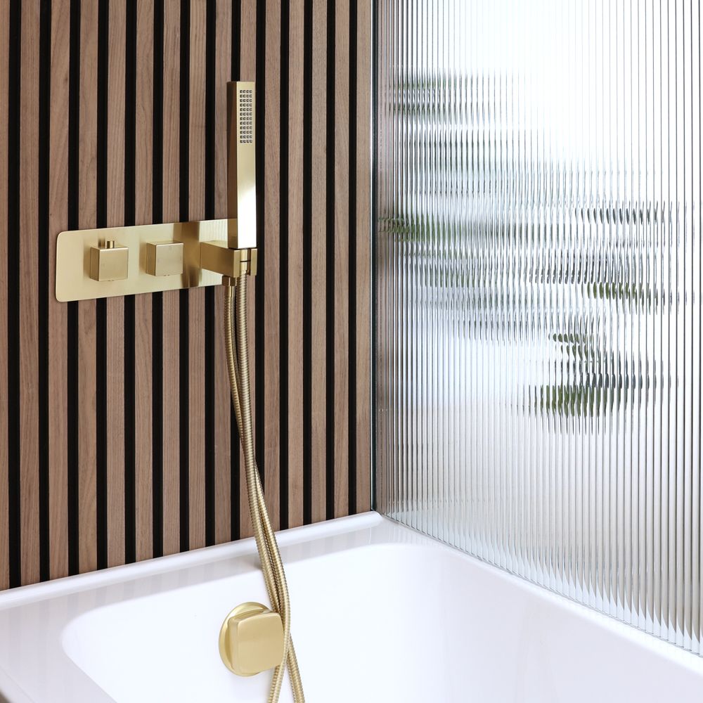 Kit de douche thermostatique avec inverseur, vidage-remplissage baignoire et douchette - 2 fonctions - Or satiné - Lyra