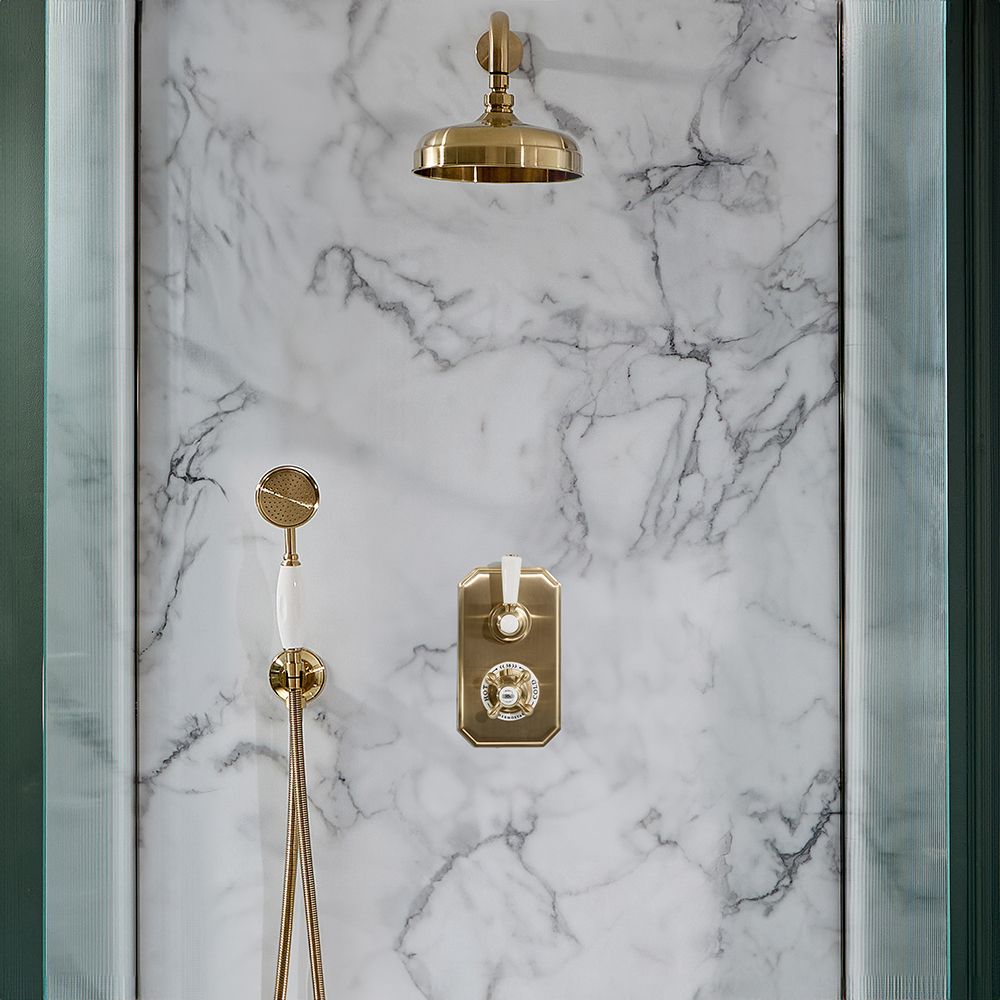 Kit de douche thermostatique rétro – 2 fonctions - Pommeau rond Ø 20.5 cm et douchette – Or satiné – Elizabeth