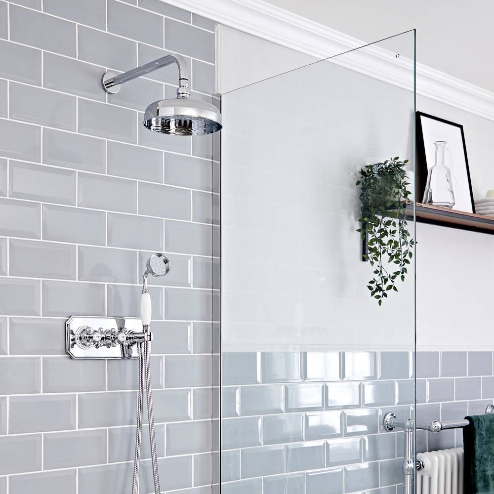 Kit de douche thermostatique 2 fonctions - Douchette et pommeau Ø 20 cm – Chromé et blanc - Elizabeth