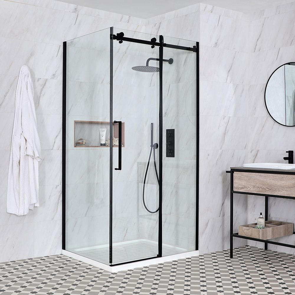 Porte de douche coulissante sans cadre – Noir – Choix de tailles et paroi de retour - Nox