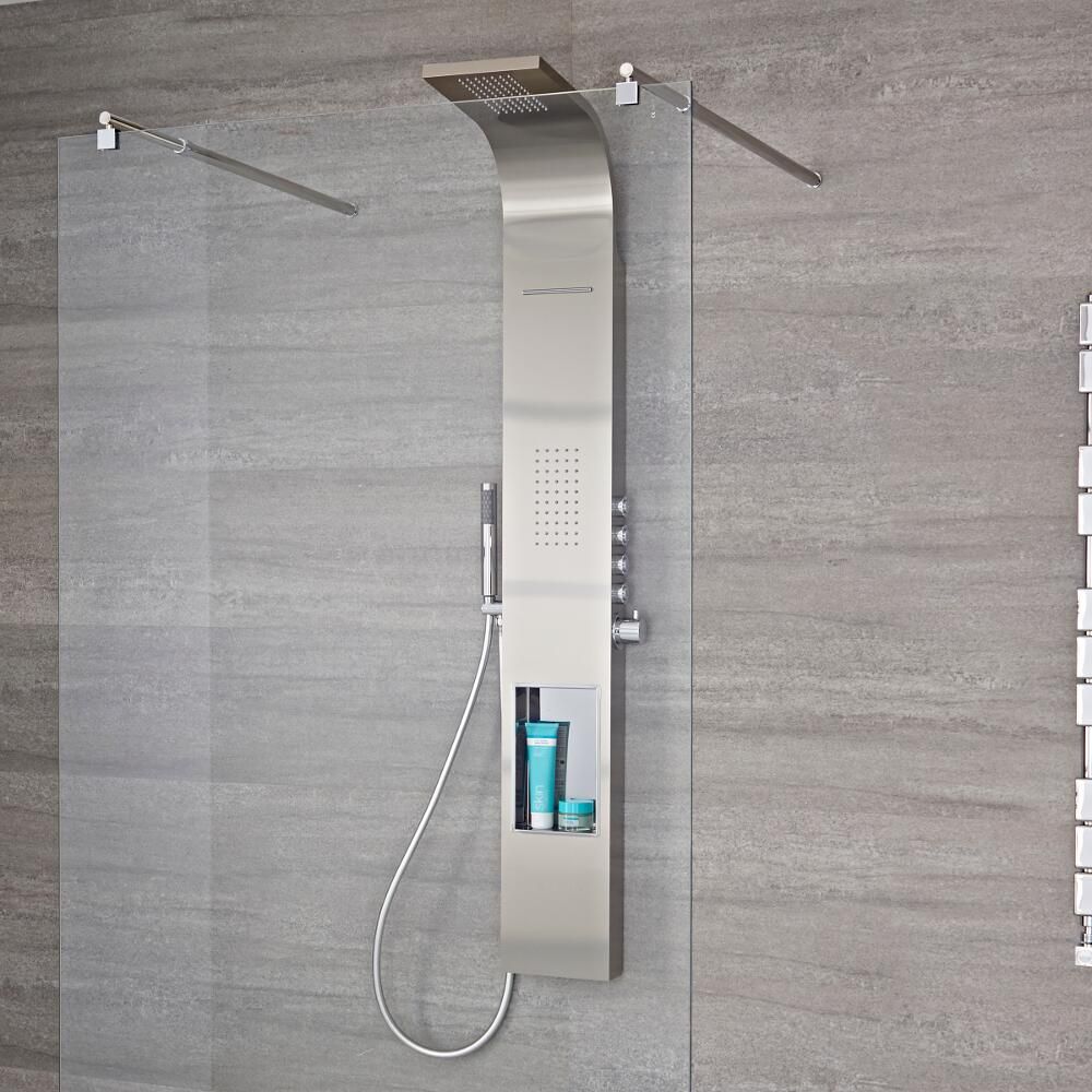 Colonne de douche thermostatique exposée avec étagère, grand pommeau cascade, douchette et buse hydromassante – Chromé – Vista