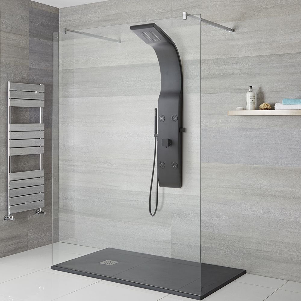 Colonne de douche moderne avec pommeau, douchette et jets – Noir – Alston