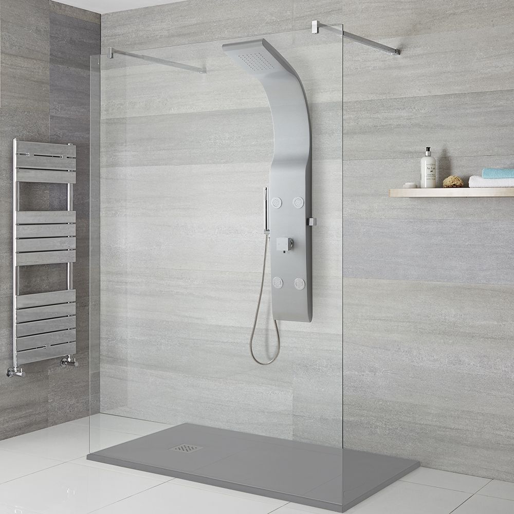 Colonne de douche moderne avec pommeau, douchette et jets – Argent mat – Alston