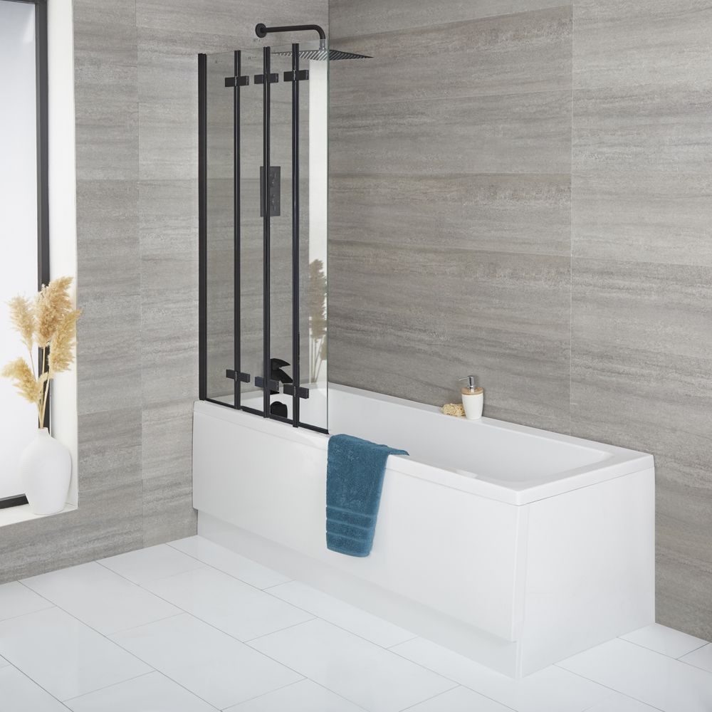 Baignoire rectangulaire - Avec pare-baignoire pliant noir – Choix de tailles, de tabliers et de bonde – Exton