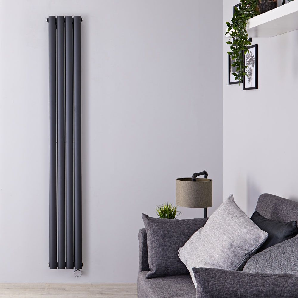 Radiateur design électrique vertical – Anthracite – 178 cm x 23,6 cm – Double rang – Avec thermostat Wi-Fi – Câblé – Vitality Slim – ECOSO par Hudson Reed