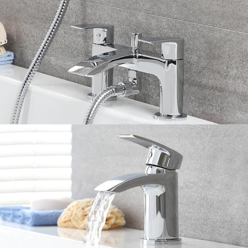 Ensemble mitigeur lavabo et mélangeur bain avec douchette – Chromé - Razor