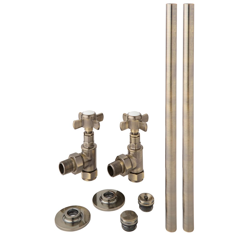 Ensemble robinets de radiateur d’angle et tuyaux rétro – Laiton brossé foncé