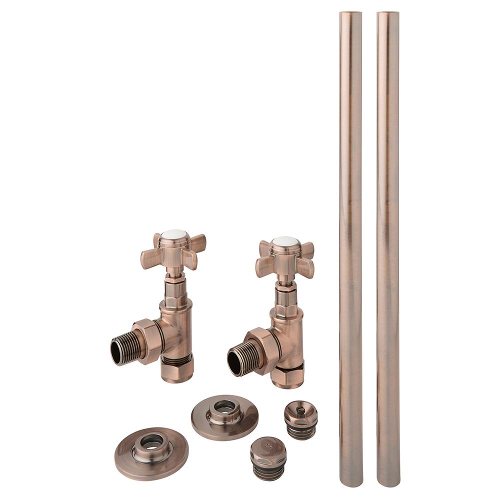Ensemble robinets de radiateur d’angle et tuyaux rétro – Bronze brossé