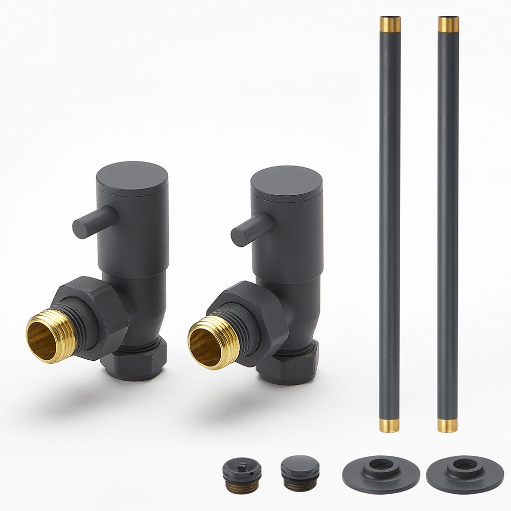 Robinet de radiateur coudé moderne et kit de tuyauterie - Anthracite