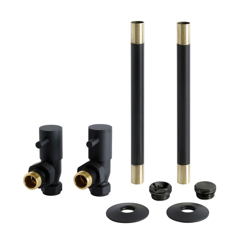 Robinet de radiateur coudé moderne et kit de tuyauterie - Noir