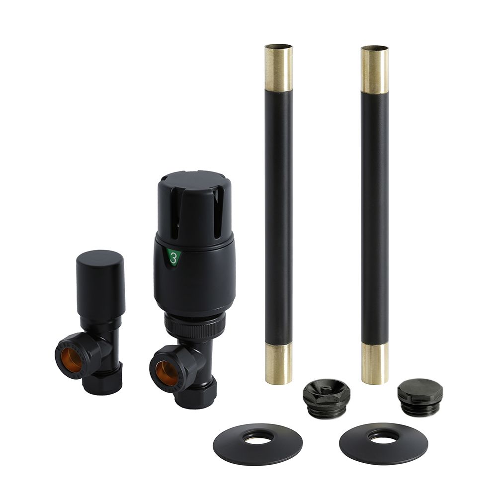 Robinet de radiateur coudé thermostatique moderne et kit de tuyauterie - Noir