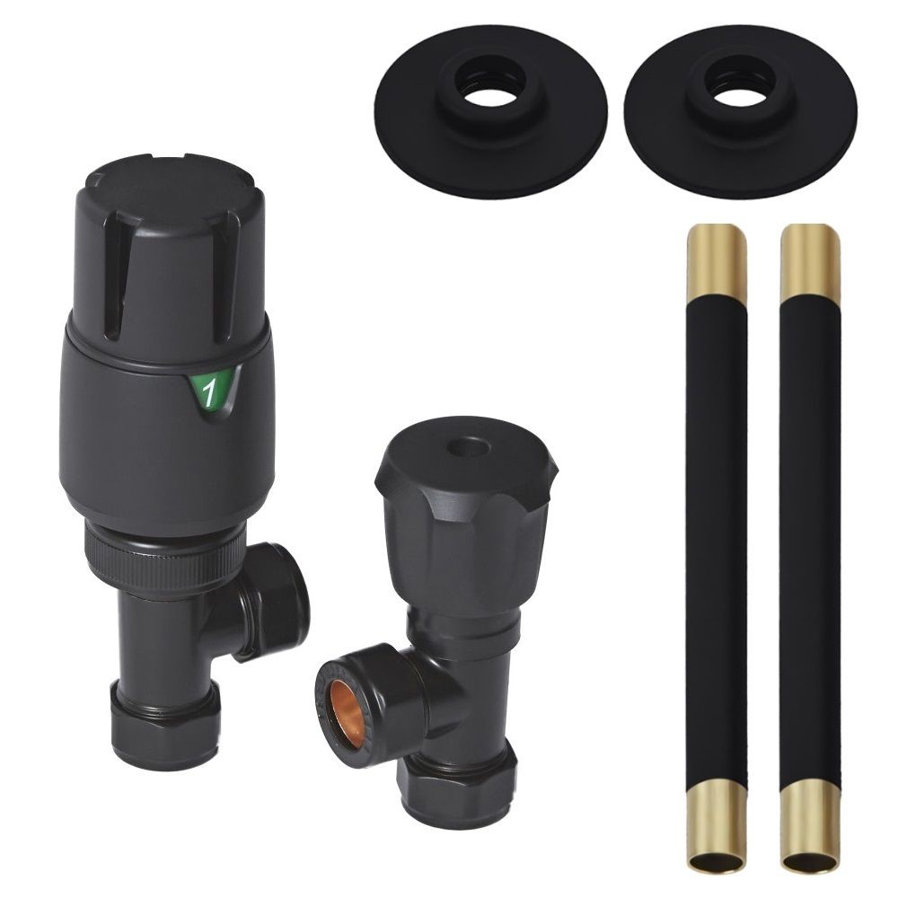 Robinetterie de radiateur thermostatique d’angle et kit de tuyauterie - Noir