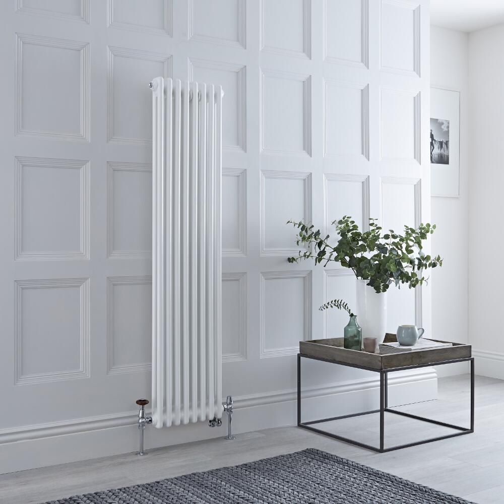 Radiateur vertical style fonte mixte – Blanc – 150 cm x 38 cm – Double rangs – Choix de robinets et de thermostat Wi-Fi – Windsor