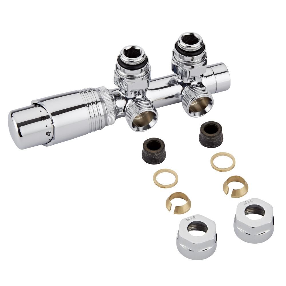 Robinet de radiateur thermostatique d'angle - Chromé - Raccordement central - Adaptateurs cuivre 14mm