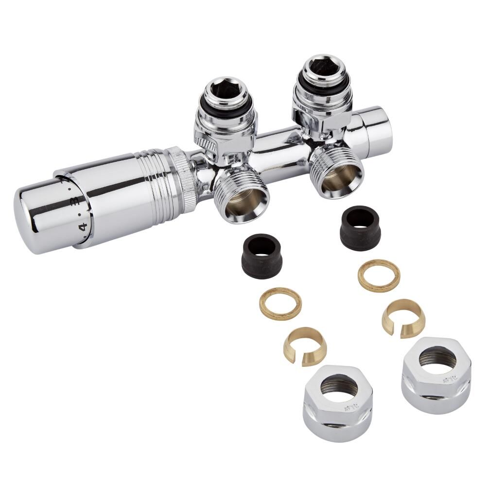 Robinet de radiateur thermostatique d'angle avec adaptateur 15 mm - Chromé – Raccordement central