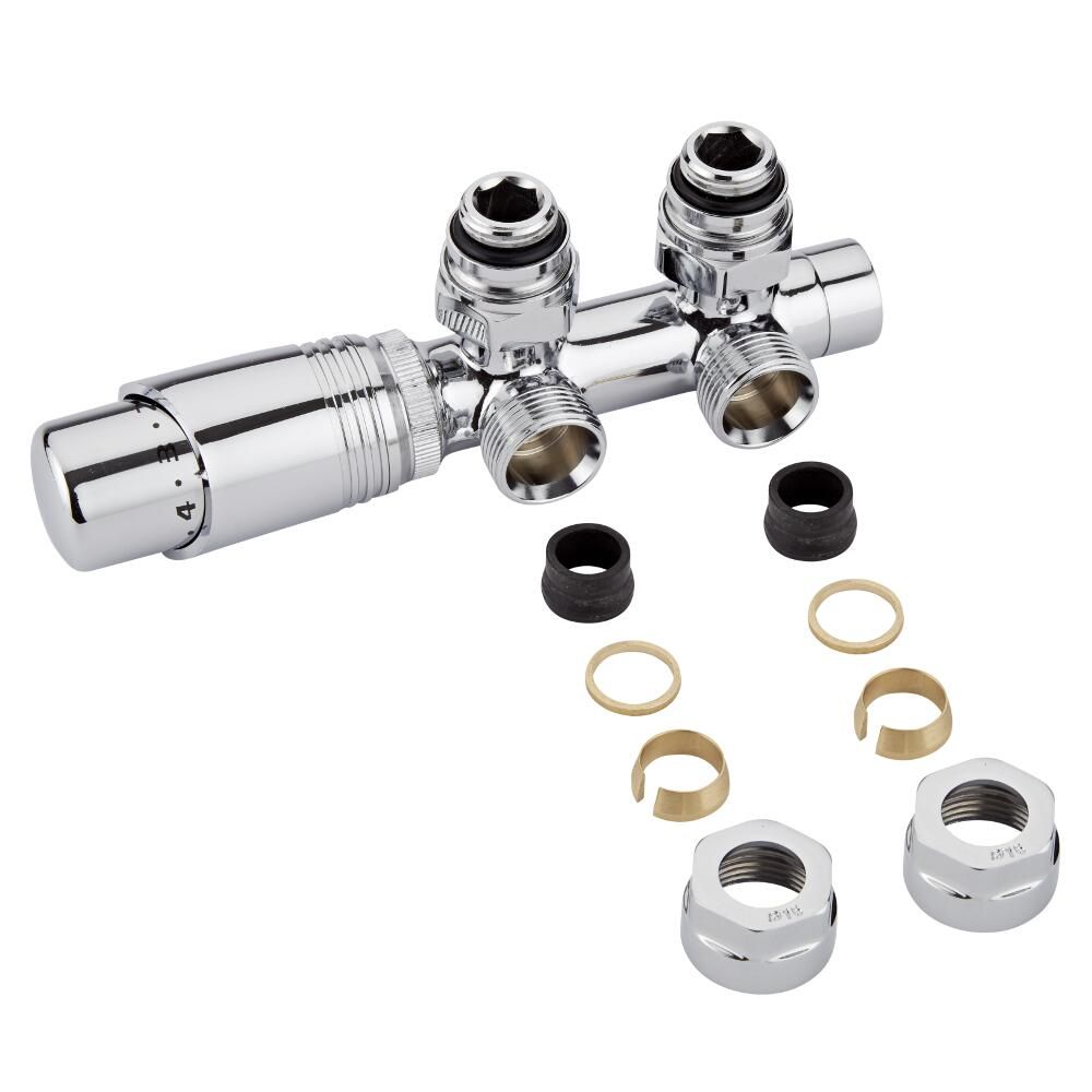 Robinet de radiateur thermostatique d'angle - Chromé – Raccordement central - Adaptateurs cuivre 16mm