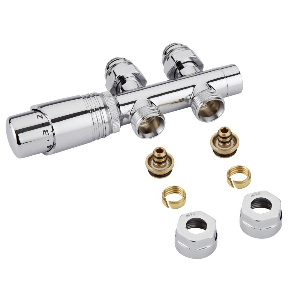 Robinet de radiateur thermostatique en « H » droit - Chromé - Adaptateurs multicouche 14mm