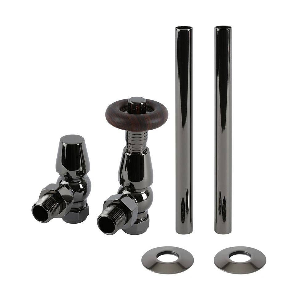 Robinet de radiateur coudé thermostatique rétro et kit de tuyauterie – Nickel noir – Windsor