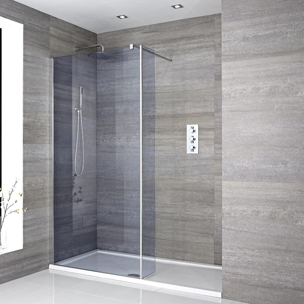 Paroi de douche italienne verre fumé – Receveur de douche – Paroi de retour pivotante en option – Choix de tailles – Portland-Luna