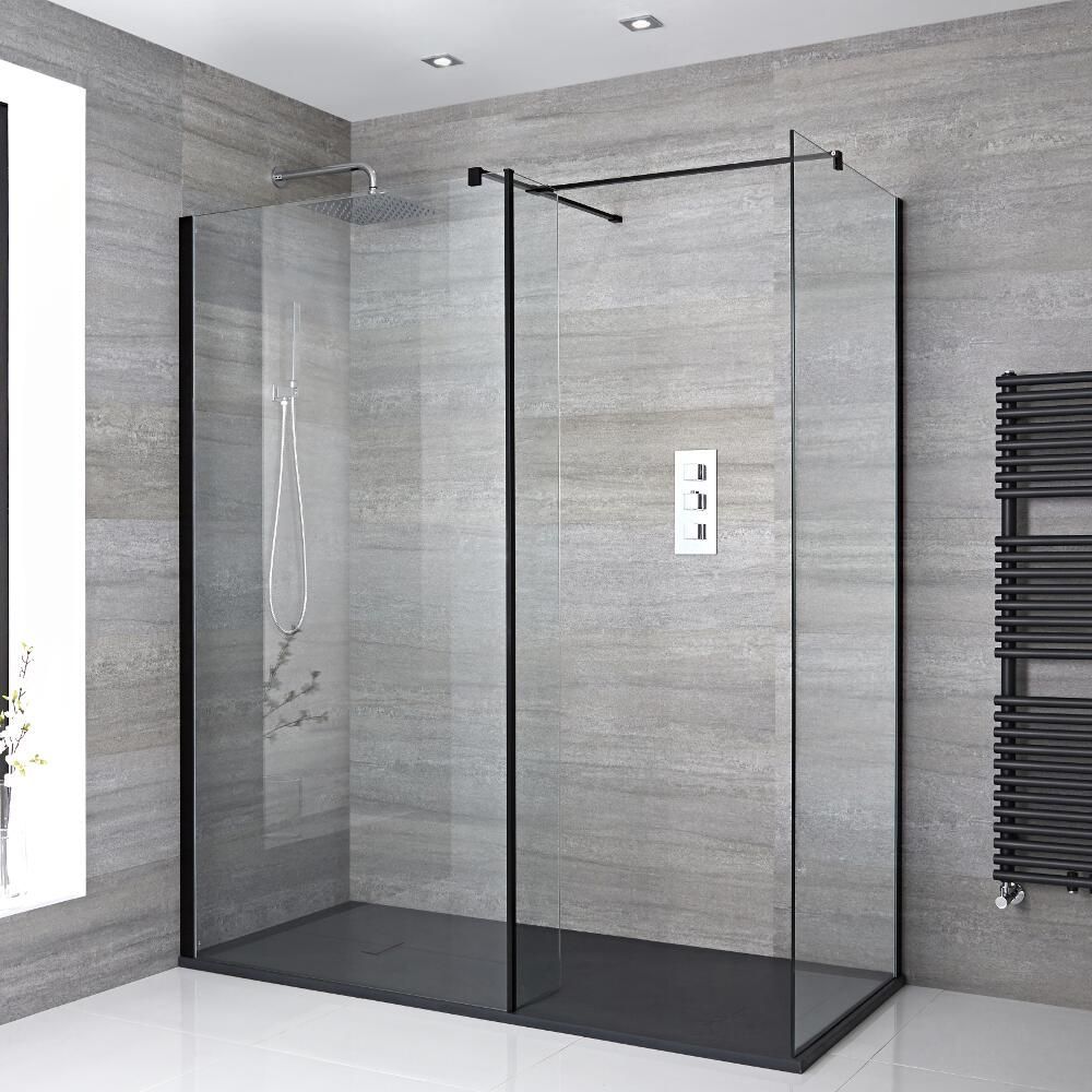Douche italienne d’angle avec receveur à effet texturé – Choix de tailles et paroi de retour en option - Nox