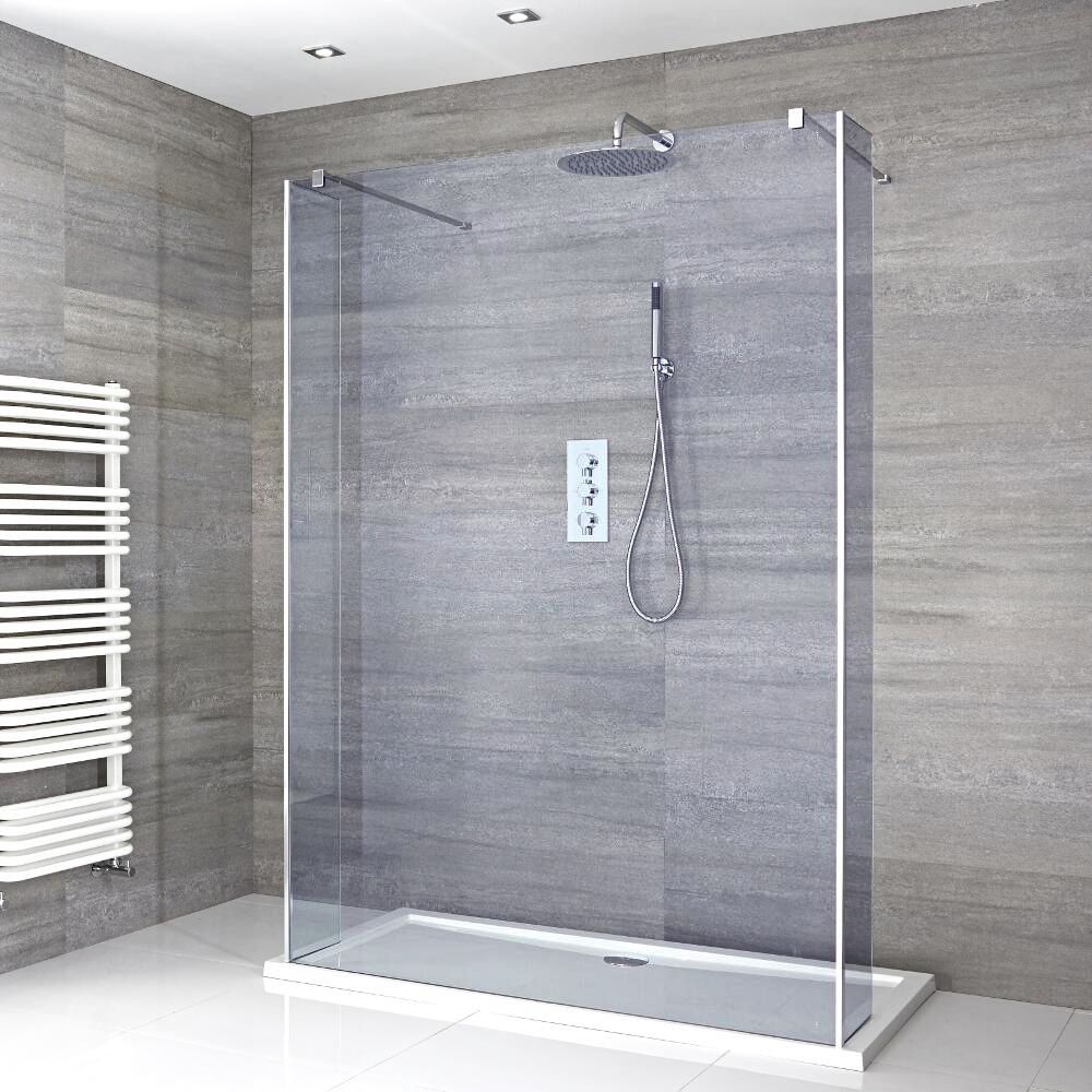 Douche italienne en îlot verre fumé – Receveur de douche – Parois de retour pivotantes en option – Choix de tailles – Portland-Luna