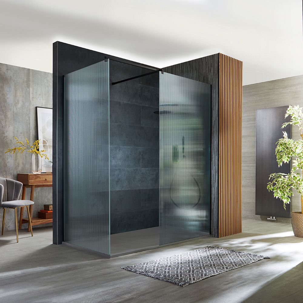 Douche italienne d'angle cannelée avec receveur à effet texturé – Noir – Choix de tailles – Florence