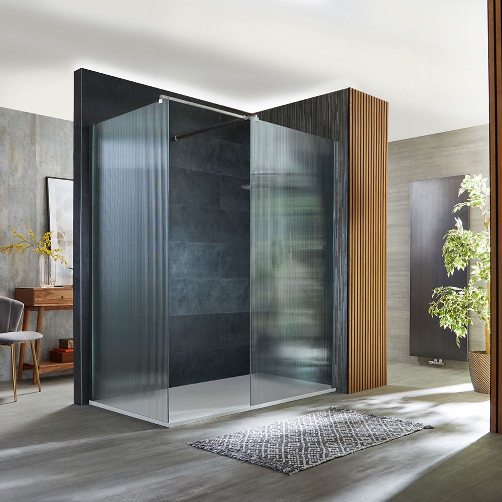 Douche italienne d'angle cannelée avec receveur à effet texturé – Chromé – Choix de tailles – Florence