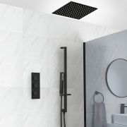 Kit de douche thermostatique avec pommeau encastrable et kit douchette sur rampe – Noir mat – 2 fonctions – Preto