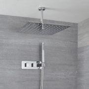 Mitigeur thermostatique avec pommeau de douche plafonnier carré et douchette – Chromé - Kubix