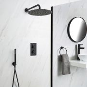 Kit de douche thermostatique avec mitigeur avec inverseur, pommeau rond et douchette – 2 fonctions – Noir - Nox