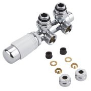 Robinet de radiateur thermostatique d'angle - Blanc & Chrome - Adaptateurs cuivre 12mm