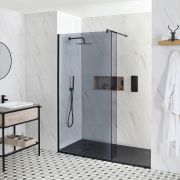 Paroi de douche italienne verre fumé – Receveur à effet texturé – Paroi de retour pivotante en option – Choix de tailles – Nox-Luna