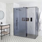 Douche italienne d'angle verre fumé – Receveur à effet texturé – Paroi de retour pivotante en option – Choix de tailles – Nox-Luna