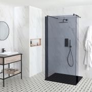 Douche italienne en îlot verre fumé – Receveur à effet texturé – Parois de retour pivotantes en option – Choix de tailles – Nox-Luna