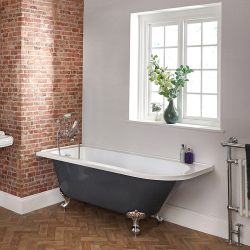Baignoire semi-îlot rétro d’angle – Gris pierre – 168,5 cm x 75 cm – Choix de pieds – Option d’angle droit ou gauche – Elton