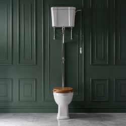 Cuvette WC rétro avec réservoir haut et abattant effet chêne – Choix de finition des charnières - Richmond