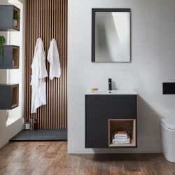 Meuble de salle de bain suspendu avec niche ouverte – 61 cm – Choix de finitions, de lavabos et lumières LED en option – Hoxton