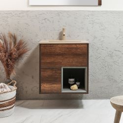 Meuble lave-mains suspendu avec niche – 61,2 cm – Avec lavabo – Choix de finitions, de lavabos et lumières LED en option – Hoxton