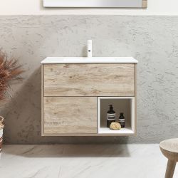 Meuble de salle de bain suspendu avec niche – 81,2 cm – Avec lavabo – Choix de finitions, de lavabos et lumières LED en option – Hoxton