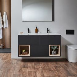 Meuble double vasque suspendu - Avec niches - 121 cm – Choix de finitions, de plan vasques et lumières LED en option – Hoxton