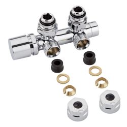 Robinet de radiateur d'angle - Chromé - Raccordement central - Adaptateurs cuivre 12mm