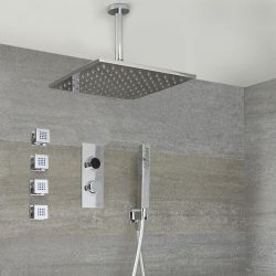 Douche Digitale Thermostatique 3 fonctions - Pommeau Douche Bras au Plafond 30x30cm - Douchette & 4 jets Hydromassants - Narus