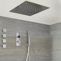 Douche Digitale Thermostatique 3 fonctions - Pommeau Plafonnier 50x50cm - Douchette & 4 jets Hydromassants - Narus