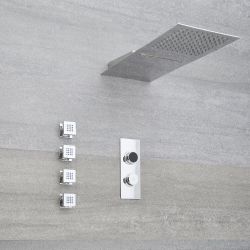 Douche Digitale Thermostatique 3 fonctions - Pommeau Cascade Mural 50x20cm & 4 jets Hydromassants - Narus