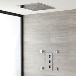 Kit de douche thermostatique encastrable avec pommeau encastré et buses hydromassantes – 2 fonctions – Chromé – Kubix