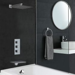 Kit de douche thermostatique - Pommeau carré 30 cm – Bec verseur baignoire – Chromé - Kubix