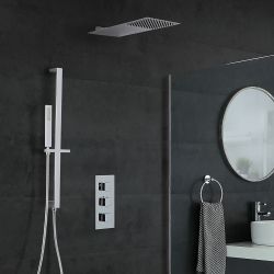 Kit de douche thermostatique - Pommeau plat fixe – Kit douchette sur rampe – Chromé - Kubix