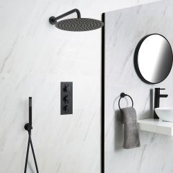 Kit de douche thermostatique avec mitigeur encastrable 2 fonctions - Pommeau de douche Ø 30cm & douchette – Noir – Nox