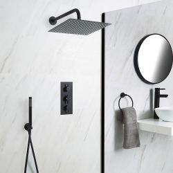 Kit de douche thermostatique avec mitigeur encastrable 2 fonctions - Pommeau de douche 30 cm x 30 cm & douchette – Noir – Nox